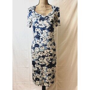 CARLA B Blue Floral Print Short Sleeve Cowl Neck Midi Office Sheath Dress Sz 8